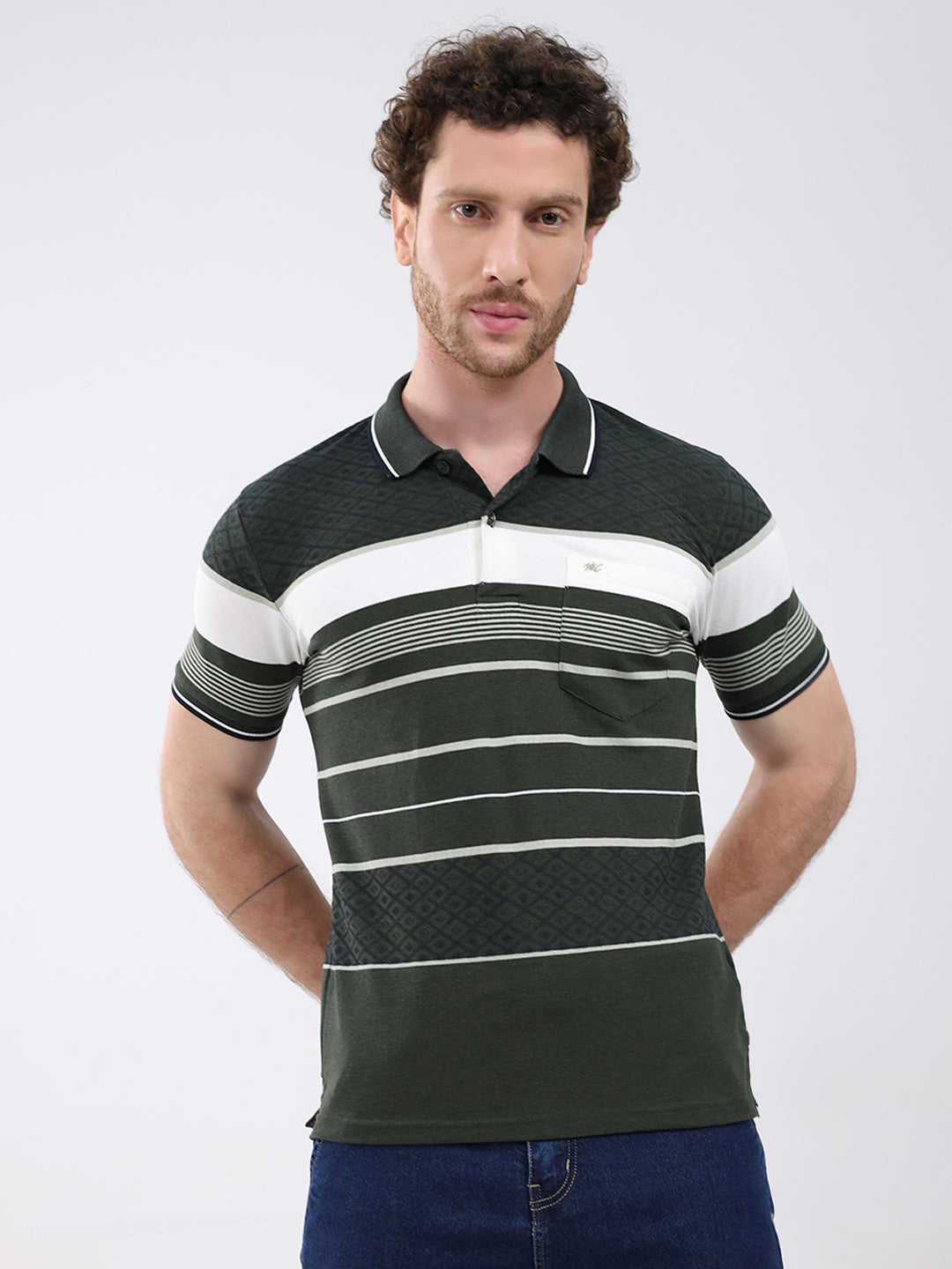 Men Olive Stripe Collar Half Sleeve T-Shirt