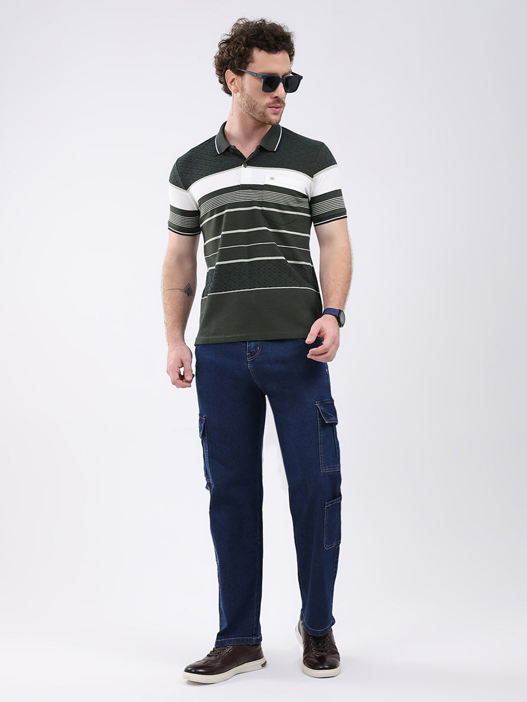 Men Olive Stripe Collar Half Sleeve T-Shirt