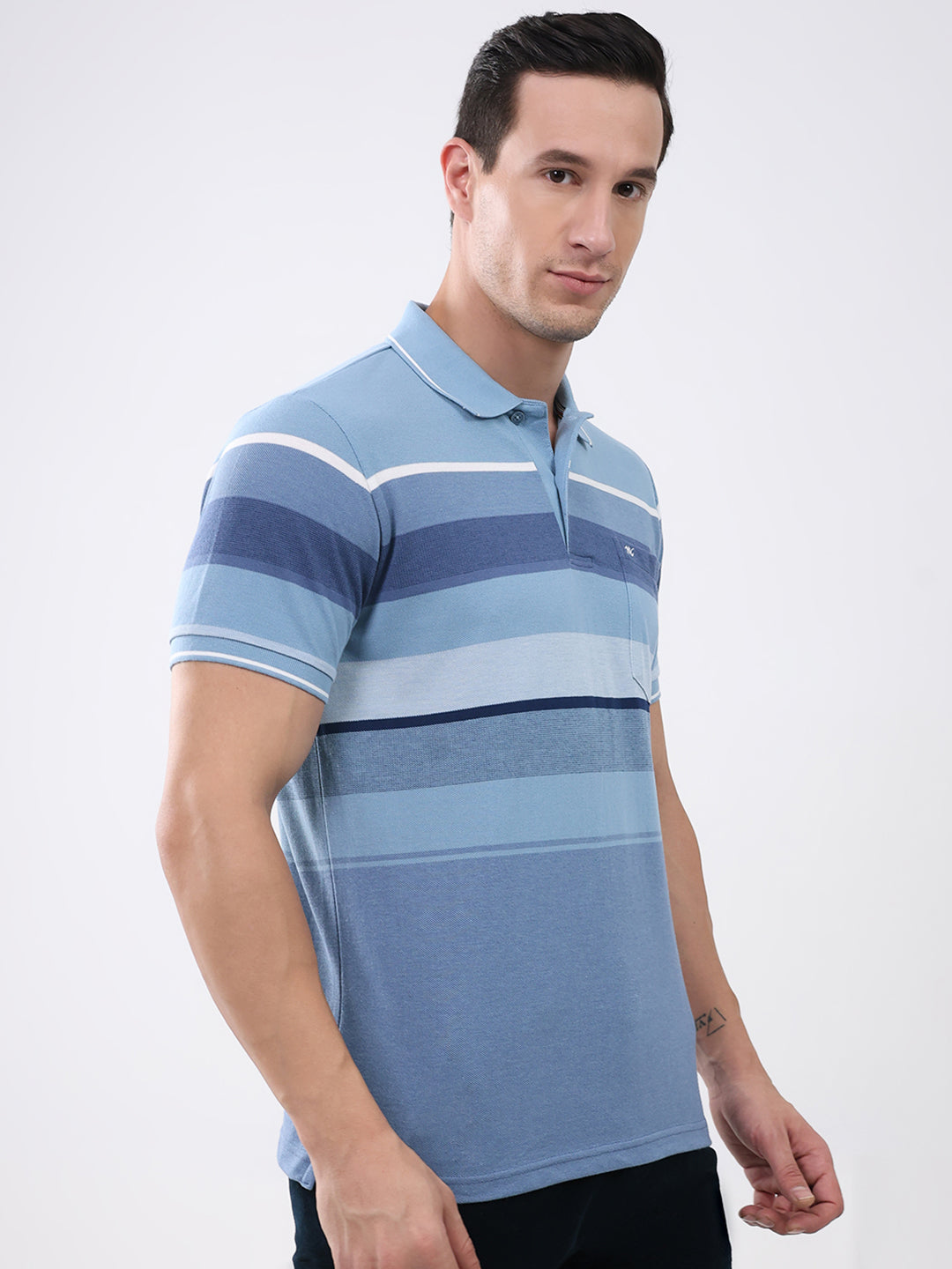 Men Blue Stripe Collar Half Sleeve T-Shirt