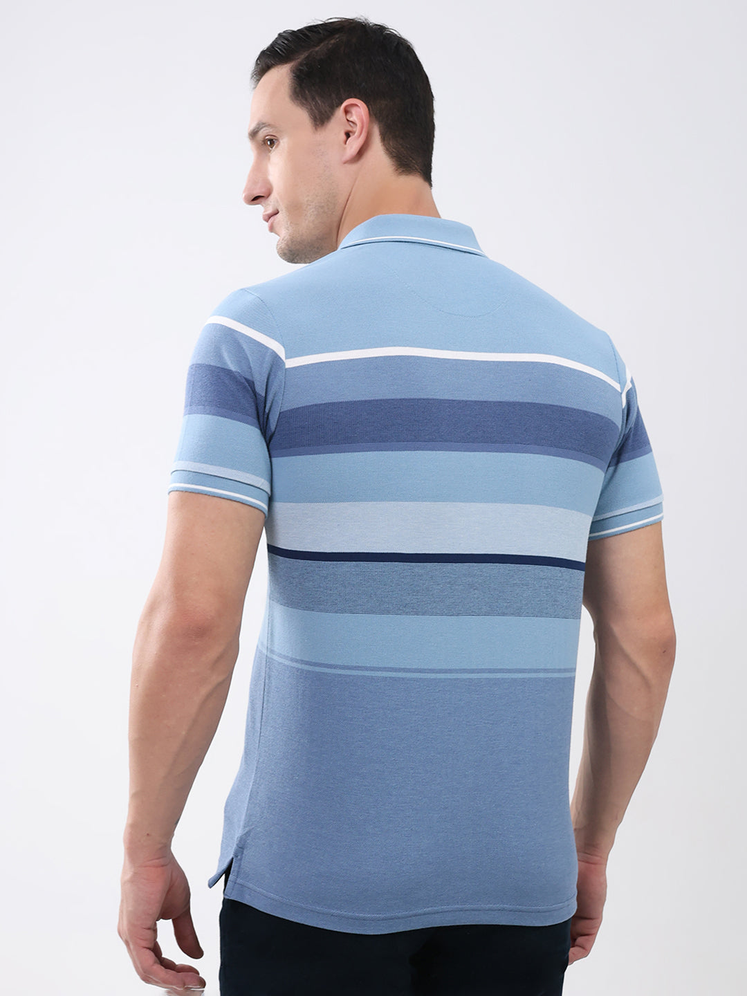Men Blue Stripe Collar Half Sleeve T-Shirt