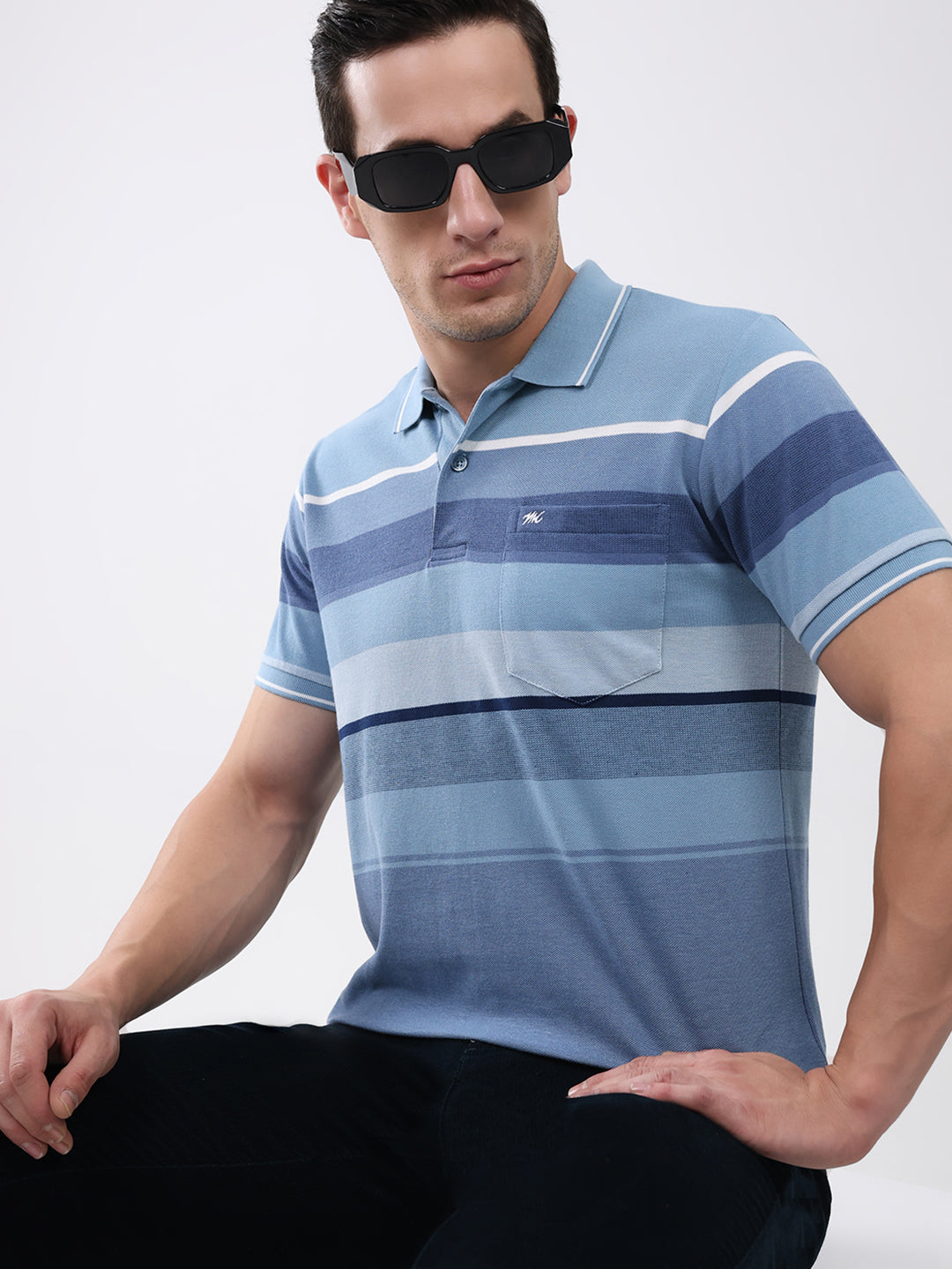 Men Blue Stripe Collar Half Sleeve T-Shirt