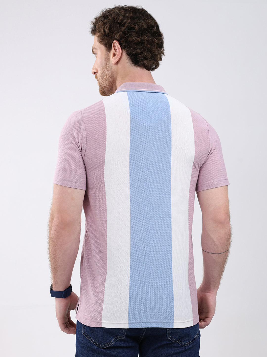 Men Pink Stripe Collar Half Sleeve T-Shirt
