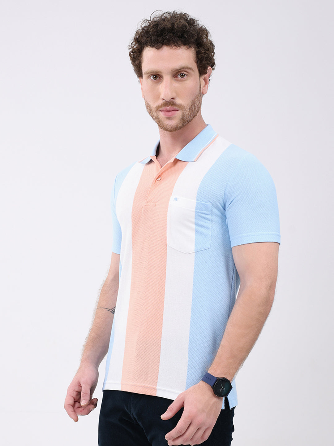 Men Peach Stripe Collar Half Sleeve T-Shirt