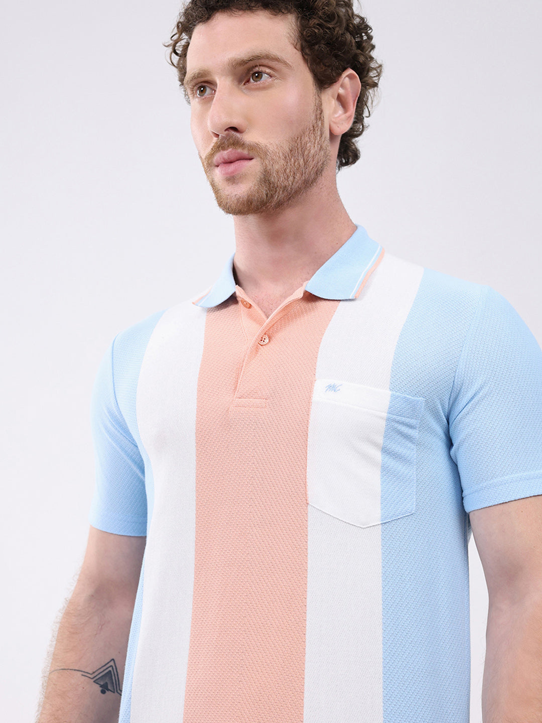 Men Peach Stripe Collar Half Sleeve T-Shirt
