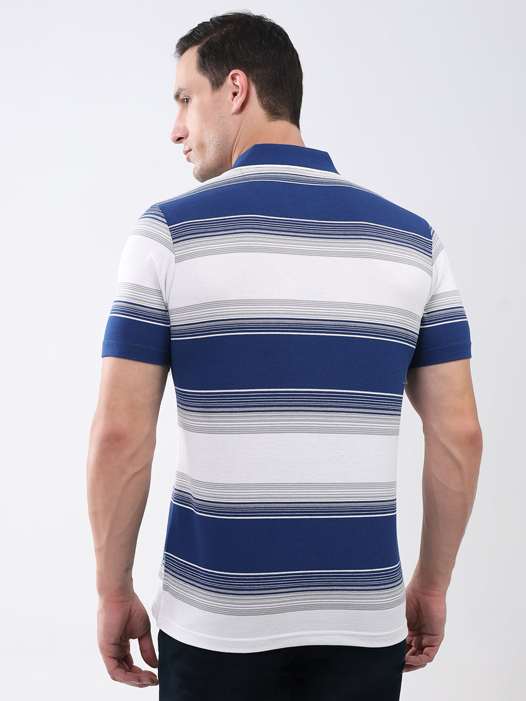 Men Navy Blue Stripe Collar Half Sleeve T-Shirt