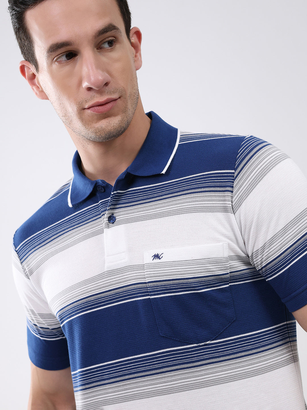 Men Navy Blue Stripe Collar Half Sleeve T-Shirt