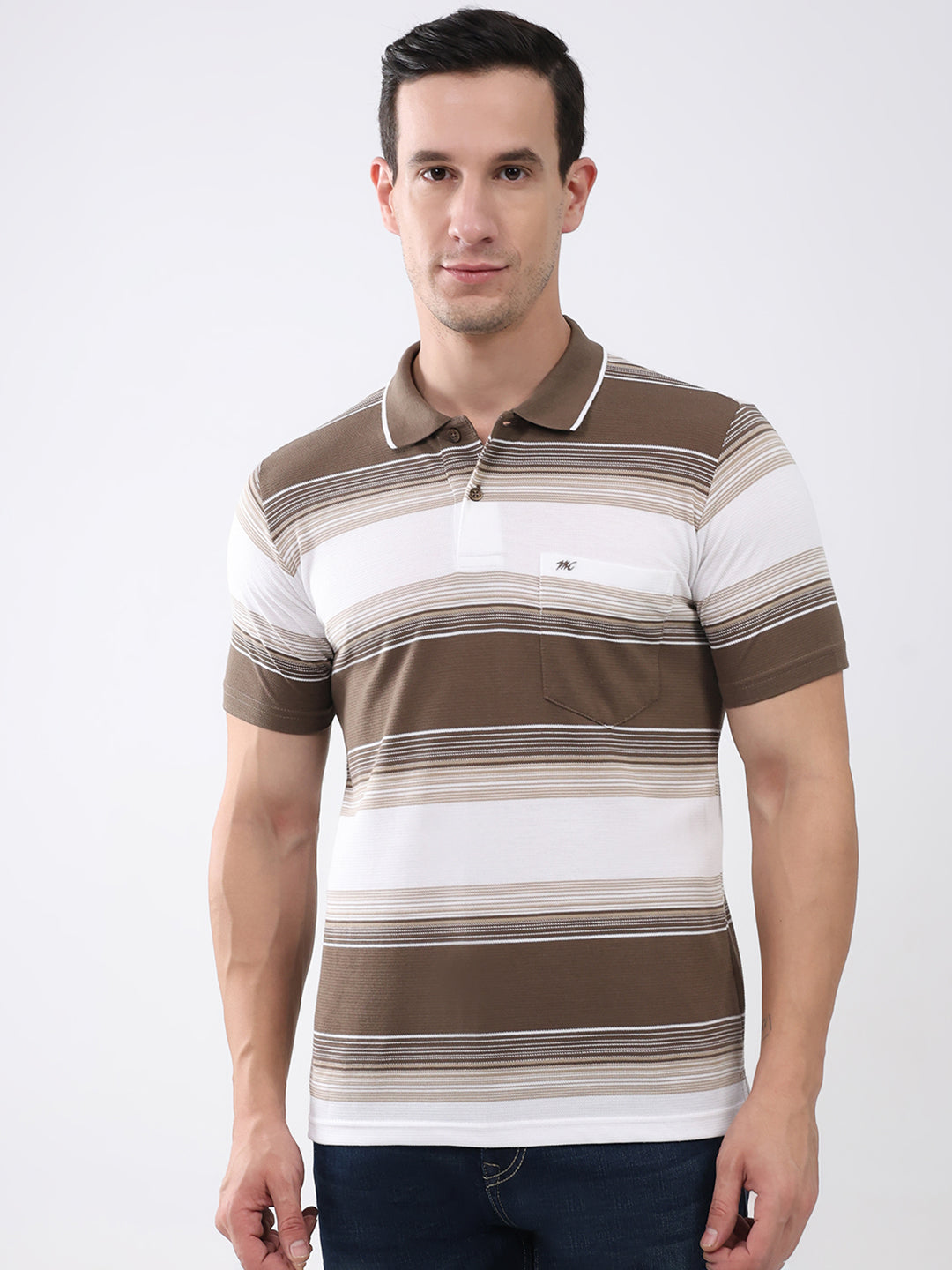 Men Brown Stripe Collar Half Sleeve T-Shirt
