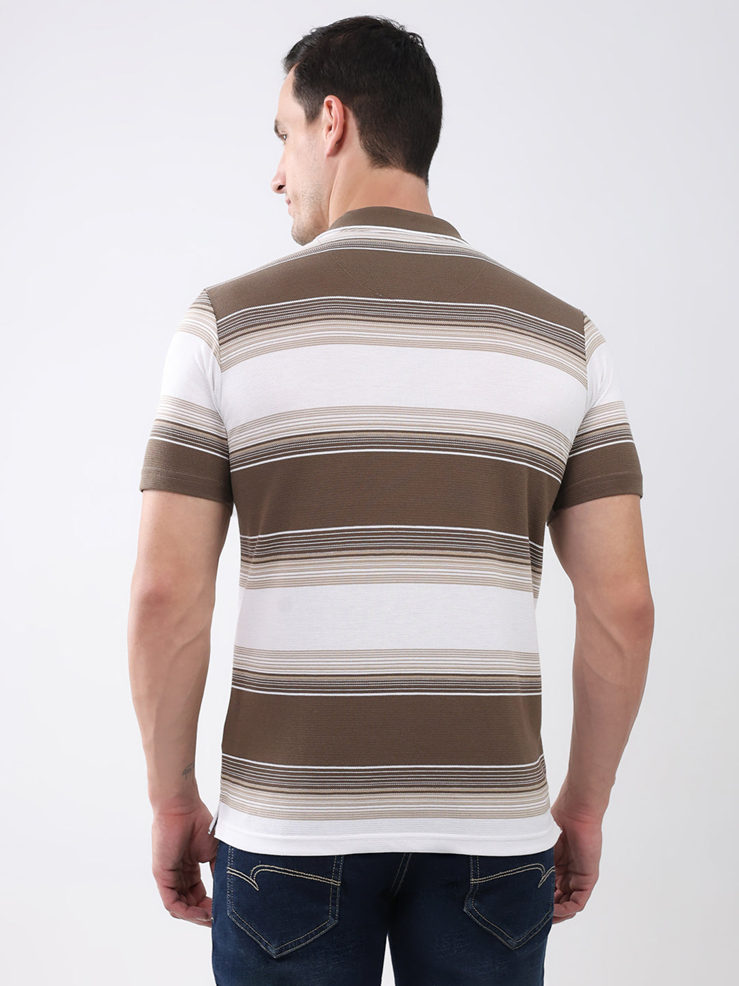 Men Brown Stripe Collar Half Sleeve T-Shirt