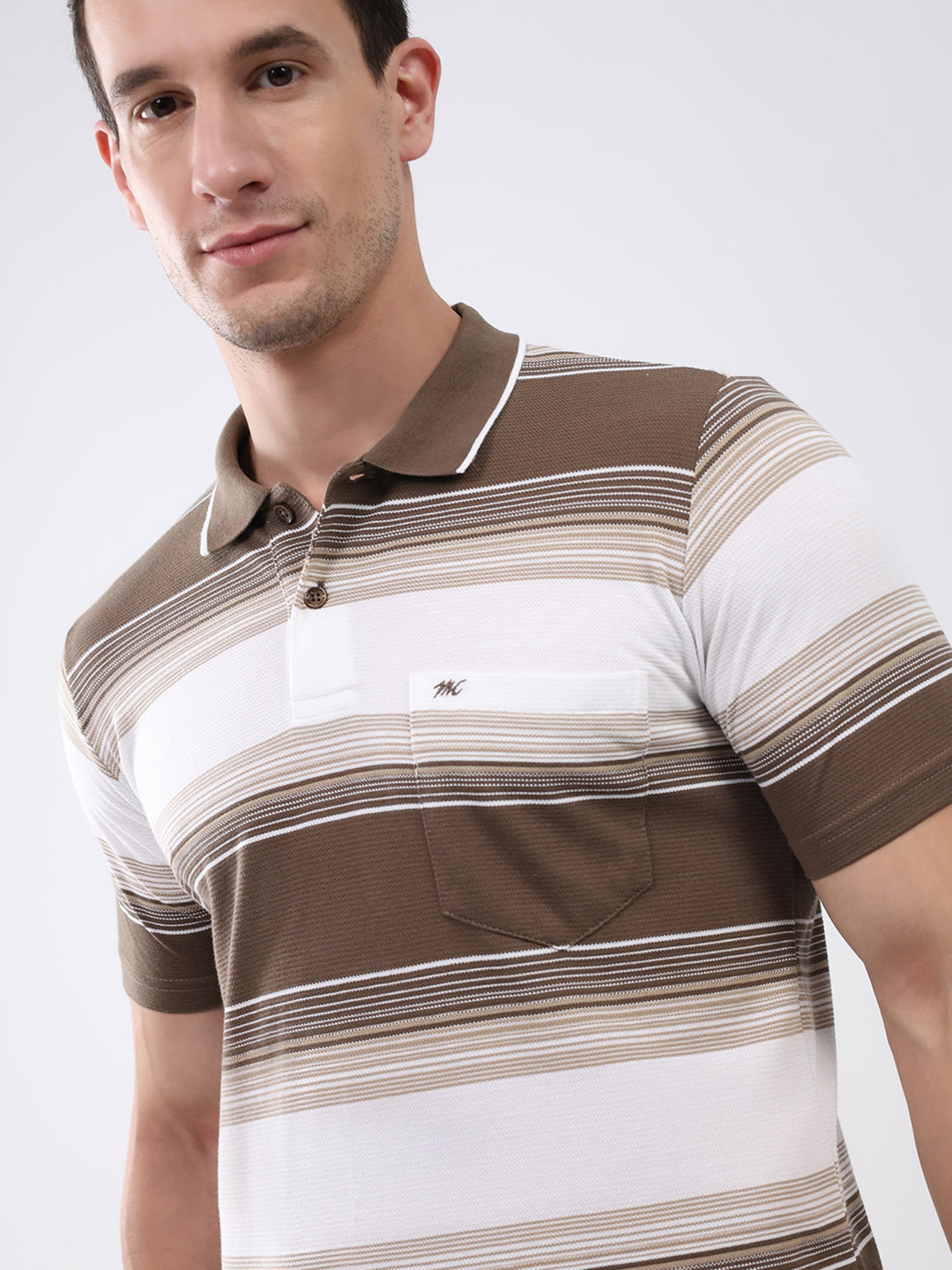 Men Brown Stripe Collar Half Sleeve T-Shirt