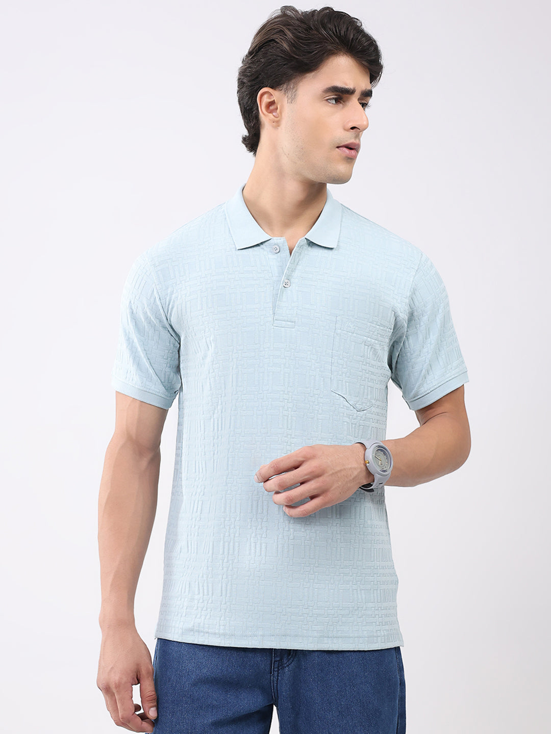 Men Green Stripe Collar Half Sleeve T-Shirt