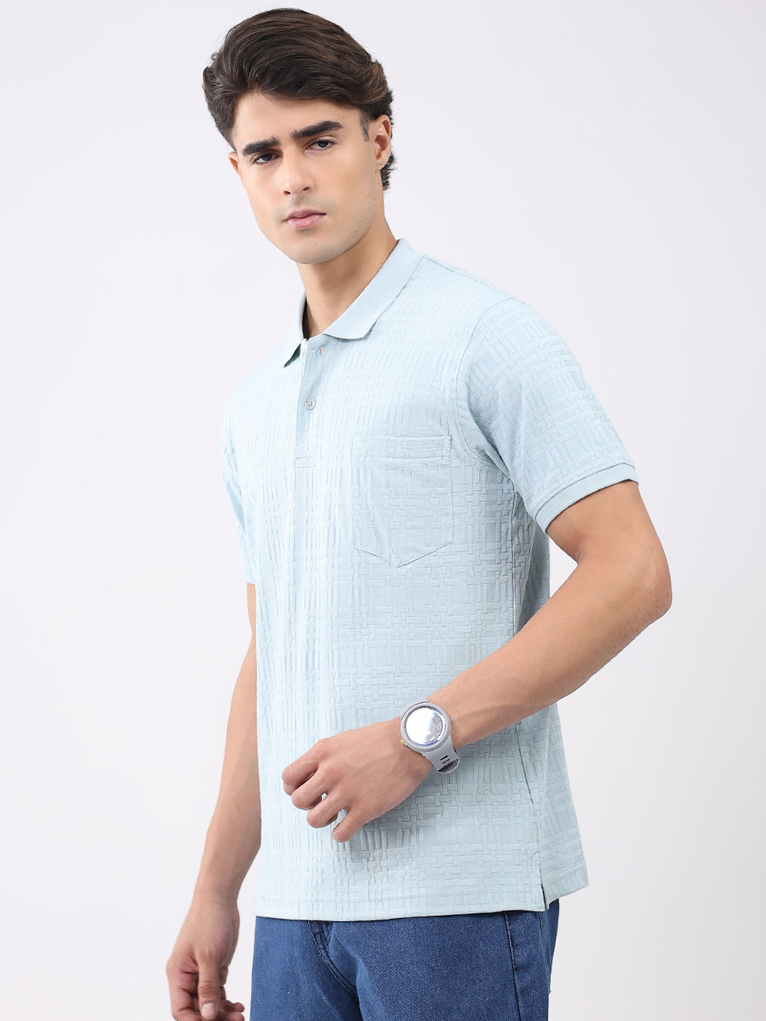 Men Green Stripe Collar Half Sleeve T-Shirt