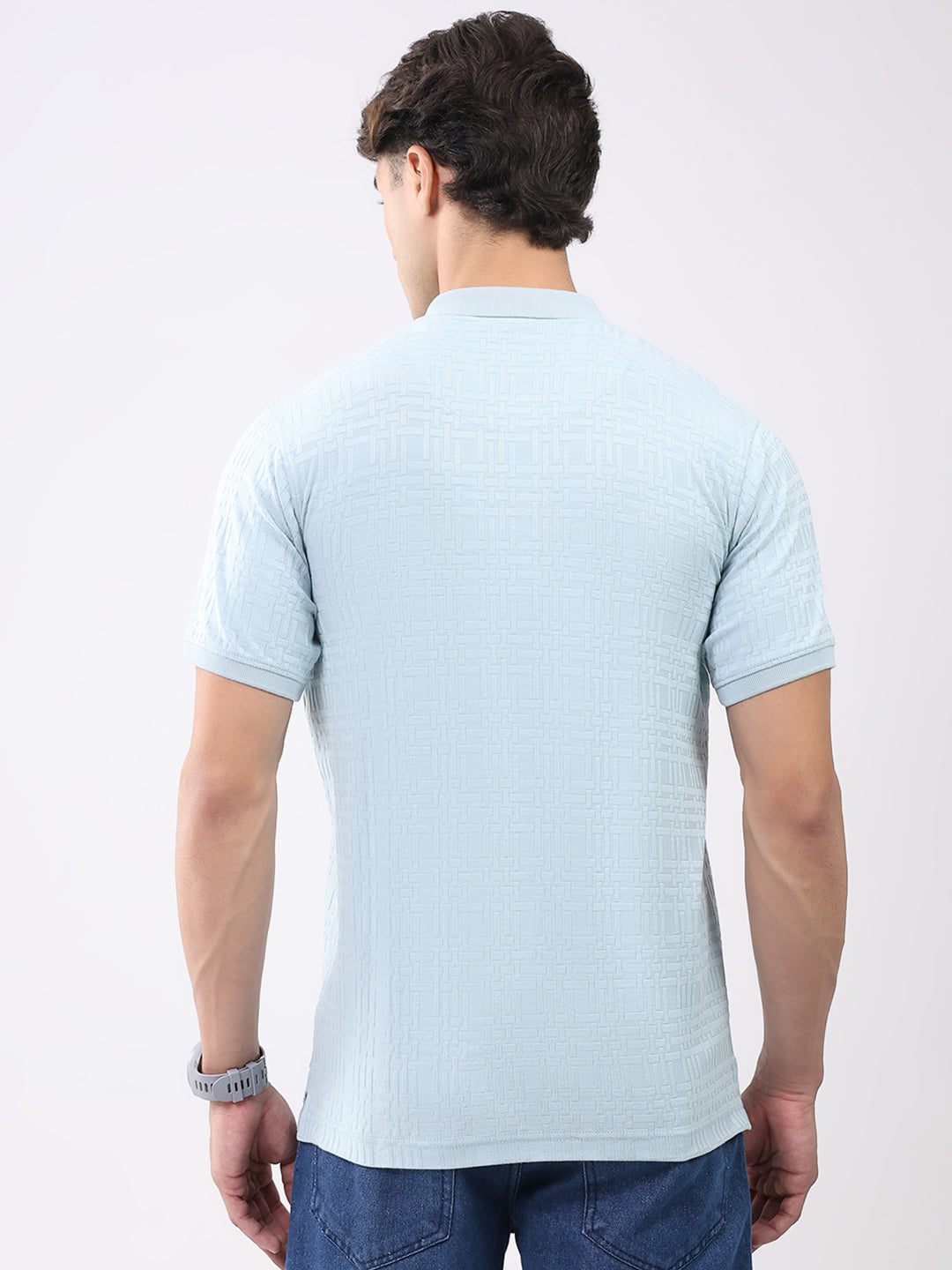 Men Green Stripe Collar Half Sleeve T-Shirt