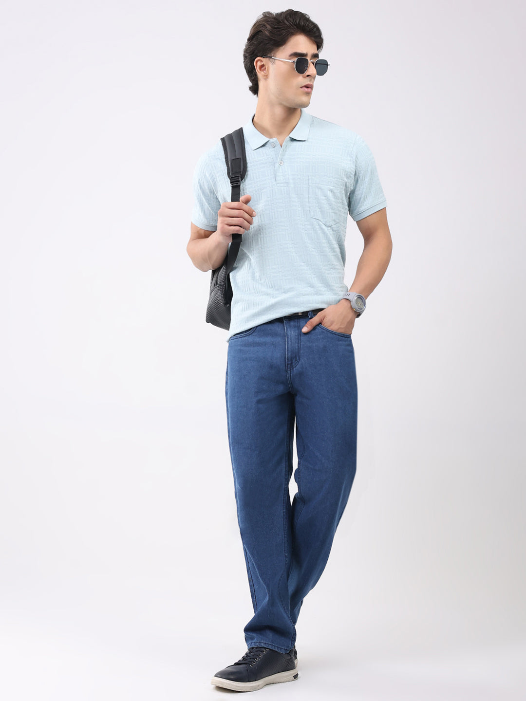 Men Green Stripe Collar Half Sleeve T-Shirt