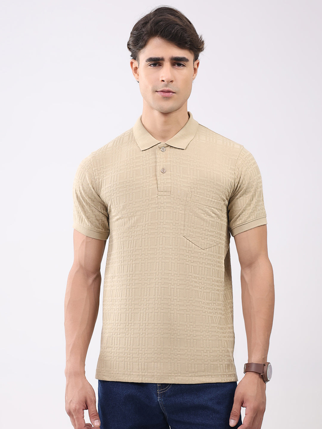 Men Beige Stripe Collar Half Sleeve T-Shirt