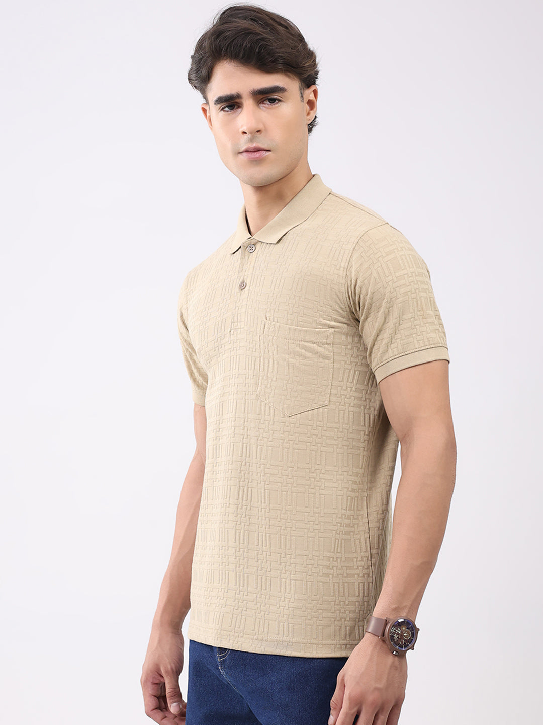 Men Beige Stripe Collar Half Sleeve T-Shirt