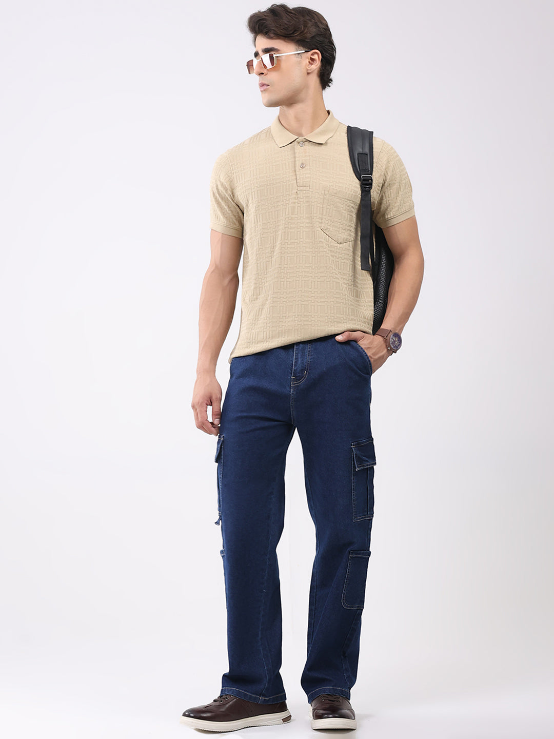 Men Beige Stripe Collar Half Sleeve T-Shirt