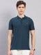 Men Teal Blue Geometric Stand Collar Half Sleeve T-Shirt