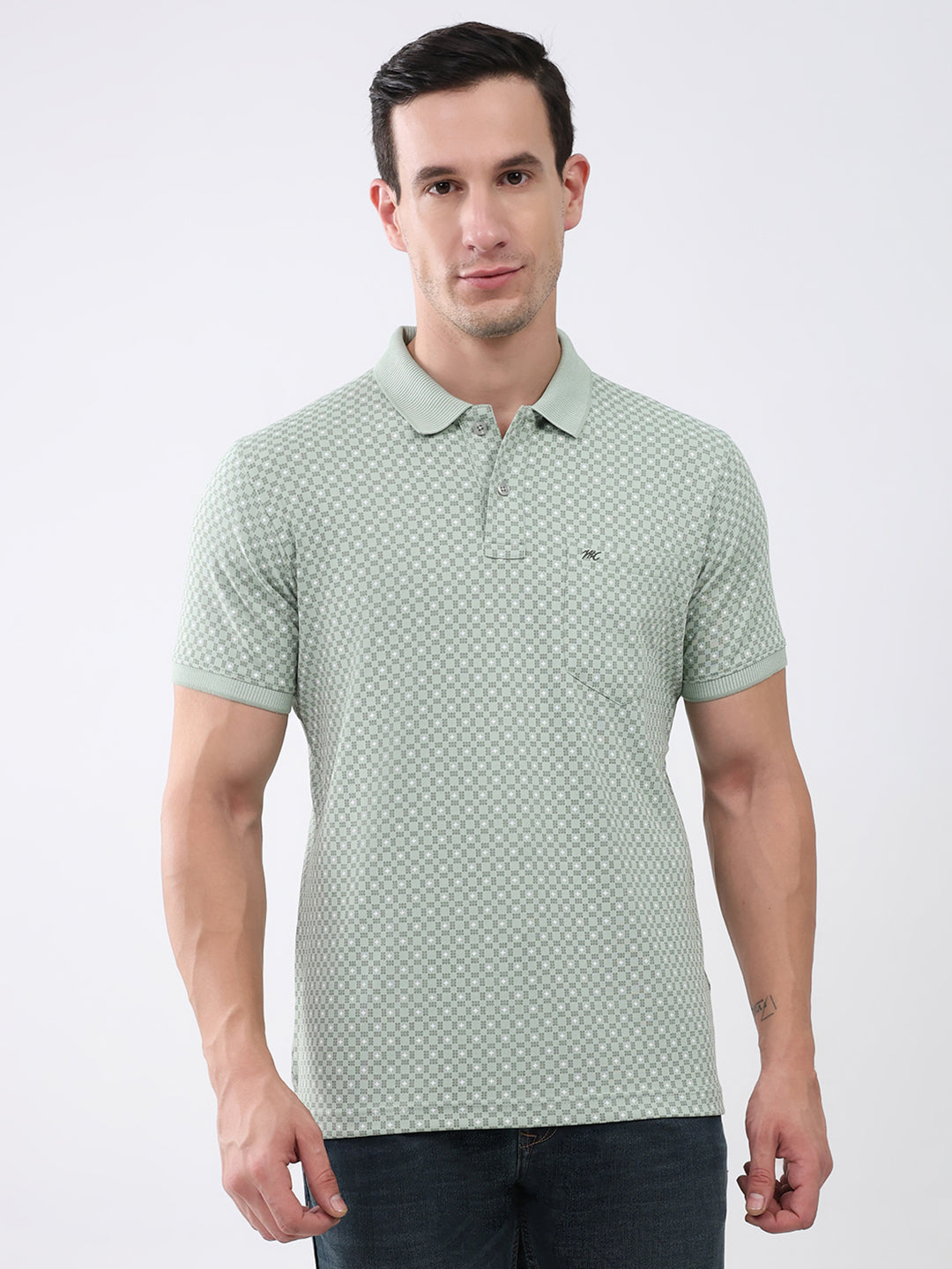 Men Green Printed Collar Half Sleeve T-Shirt