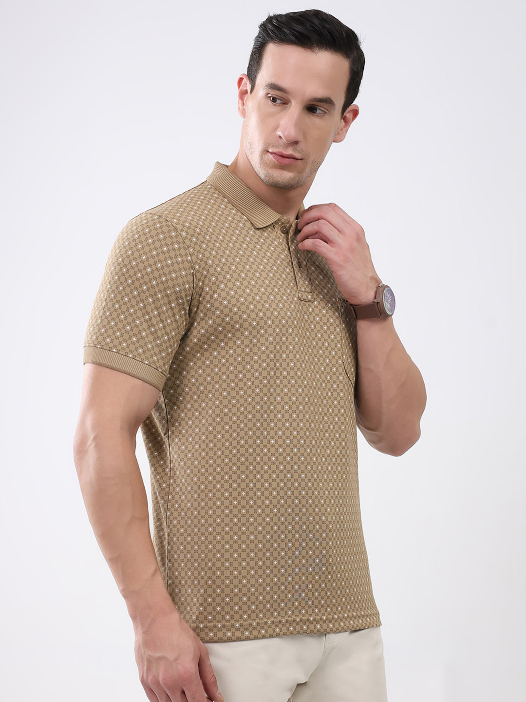 Men Khaki Printed Collar Half Sleeve T-Shirt