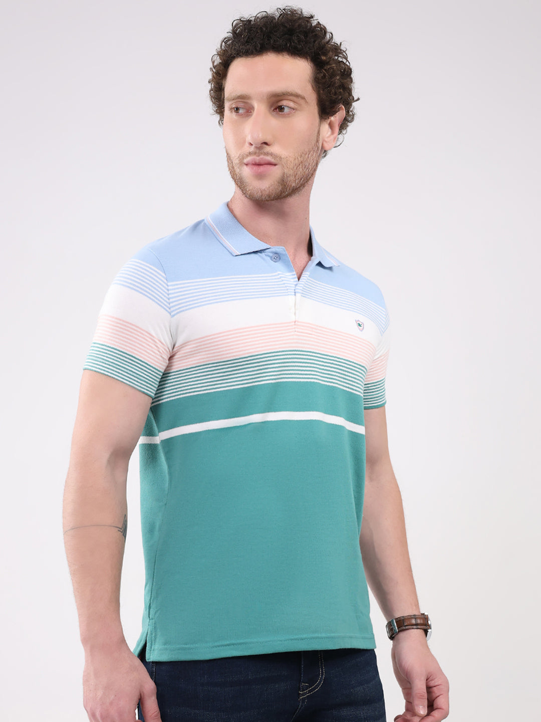 Men Green Check Collar Half Sleeve T-Shirt