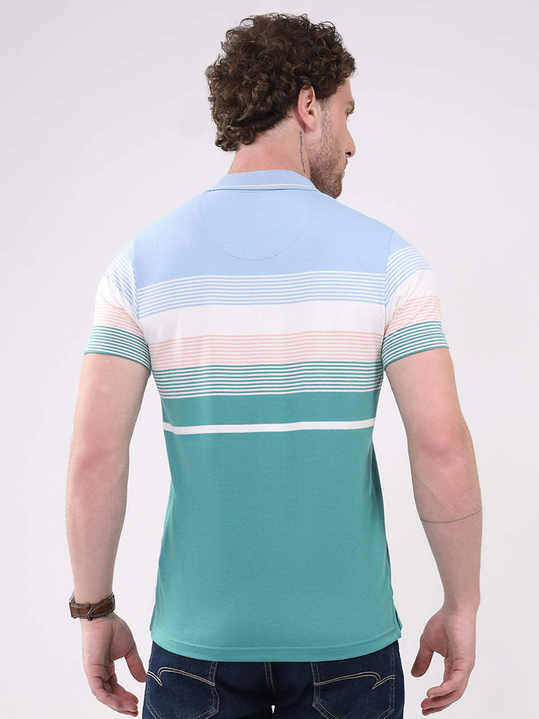 Men Green Check Collar Half Sleeve T-Shirt