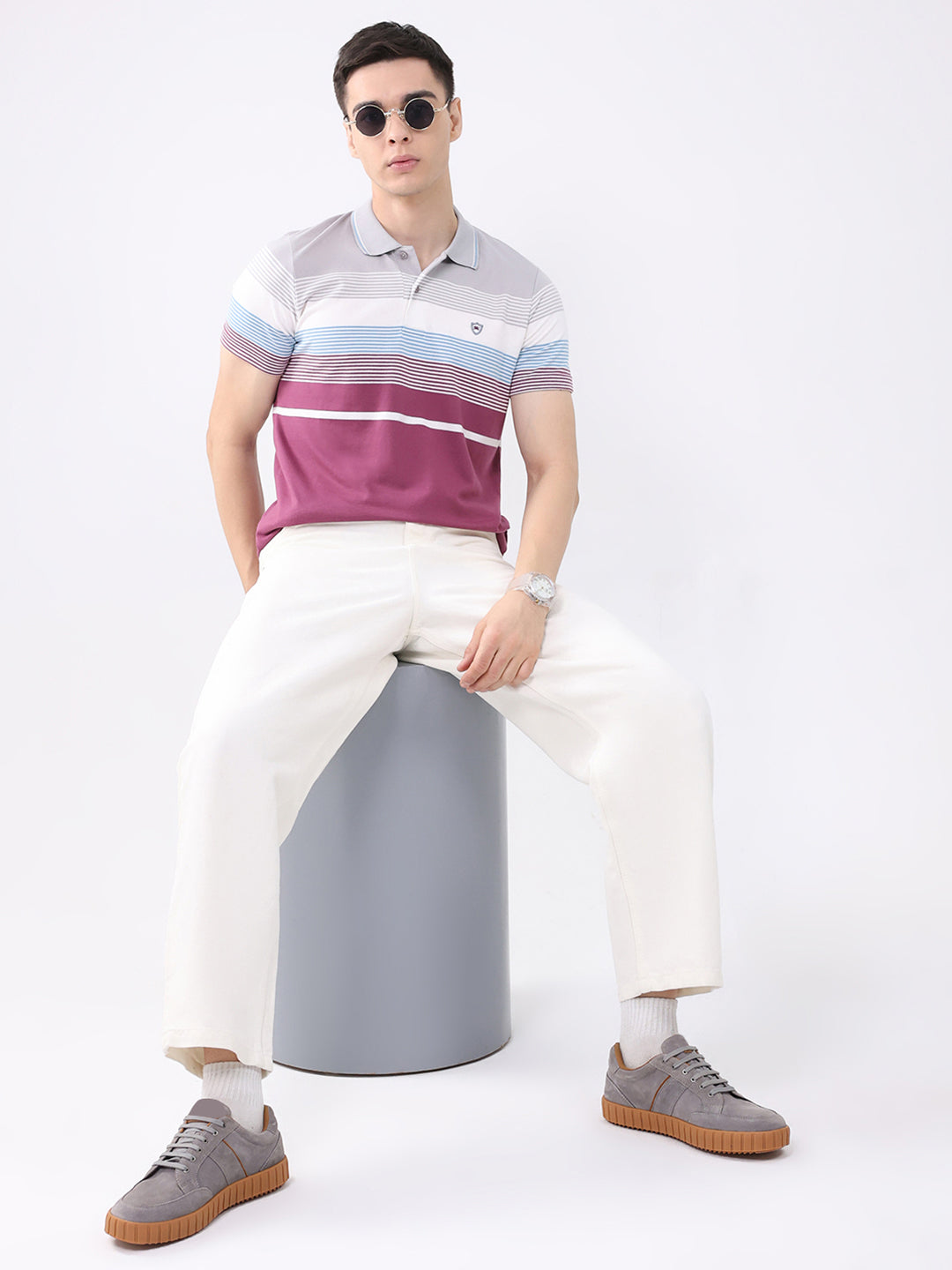 Men Multicolor Stripe Collar Half Sleeve T-Shirt