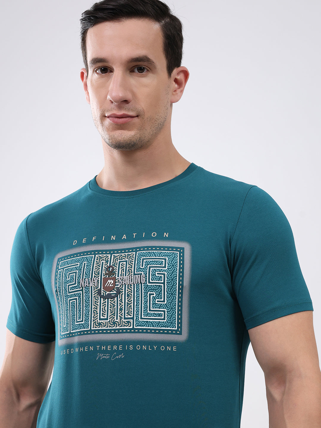 Men Teal Blue Printed Round Neck Half Sleeve T-Shirt