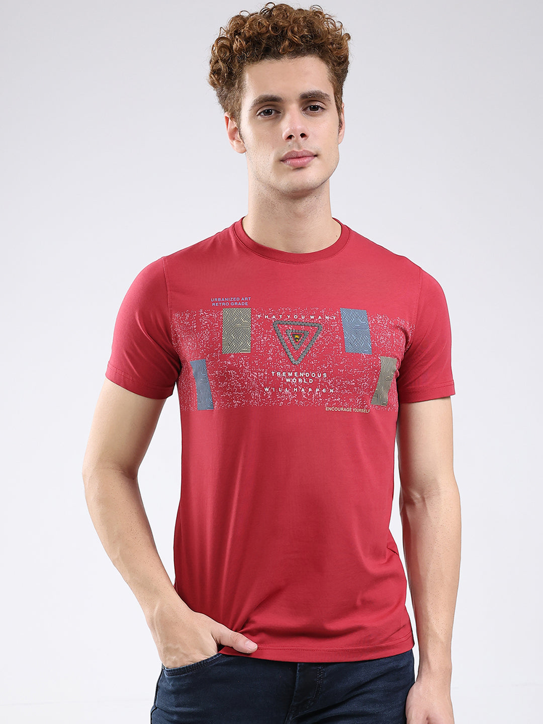 Men Maroon Printed Round Neck Half Sleeve T-Shirt