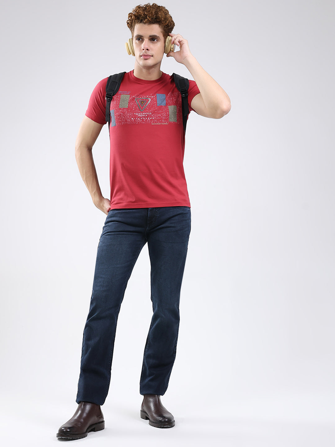 Men Maroon Printed Round Neck Half Sleeve T-Shirt