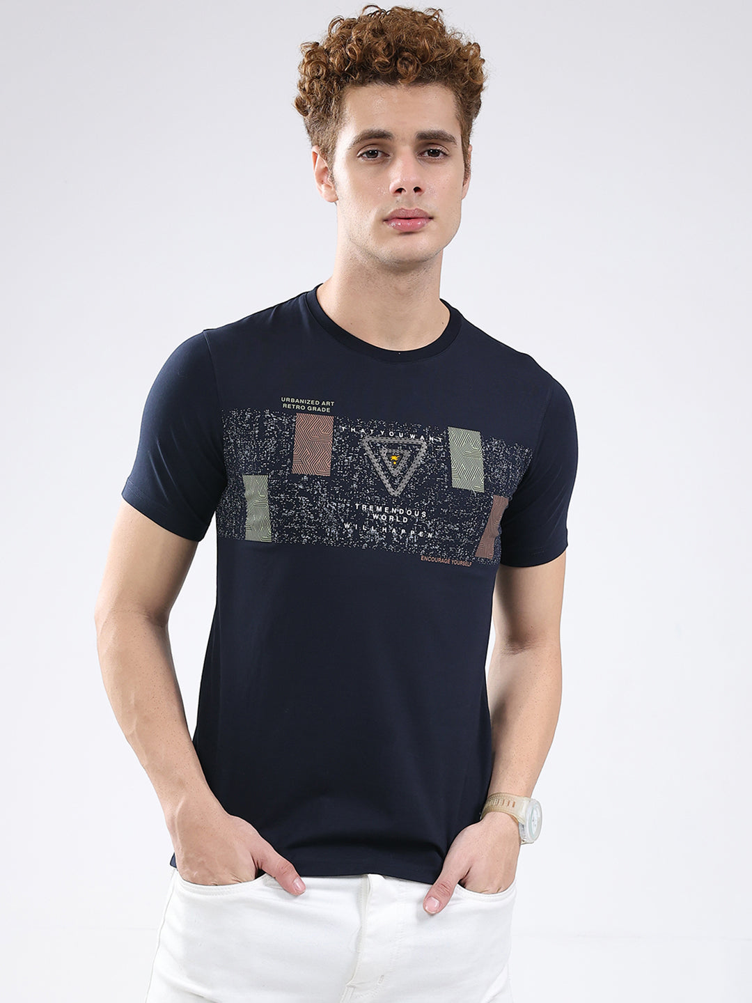 Men Navy Blue Printed Round Neck Half Sleeve T-Shirt