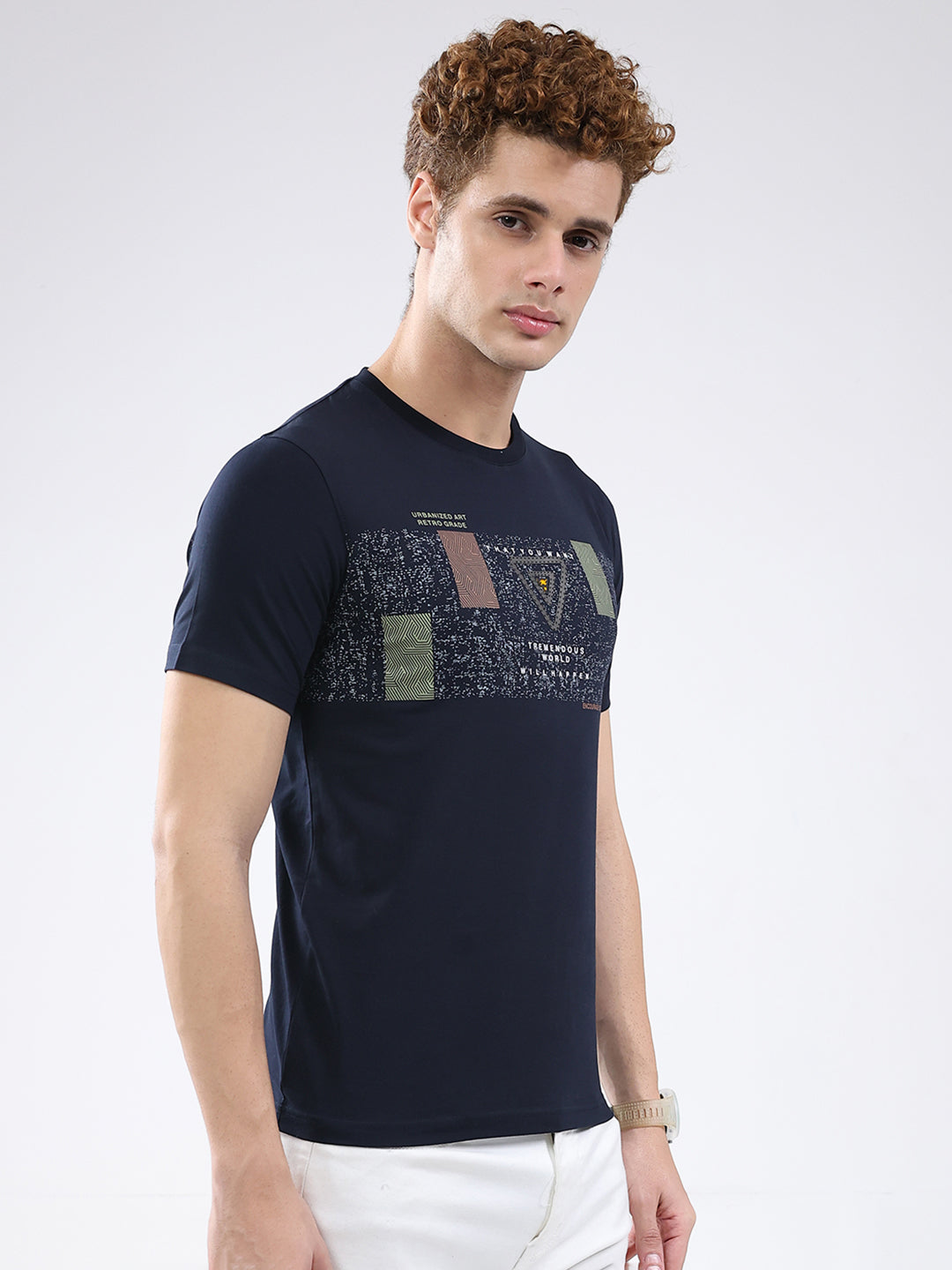 Men Navy Blue Printed Round Neck Half Sleeve T-Shirt