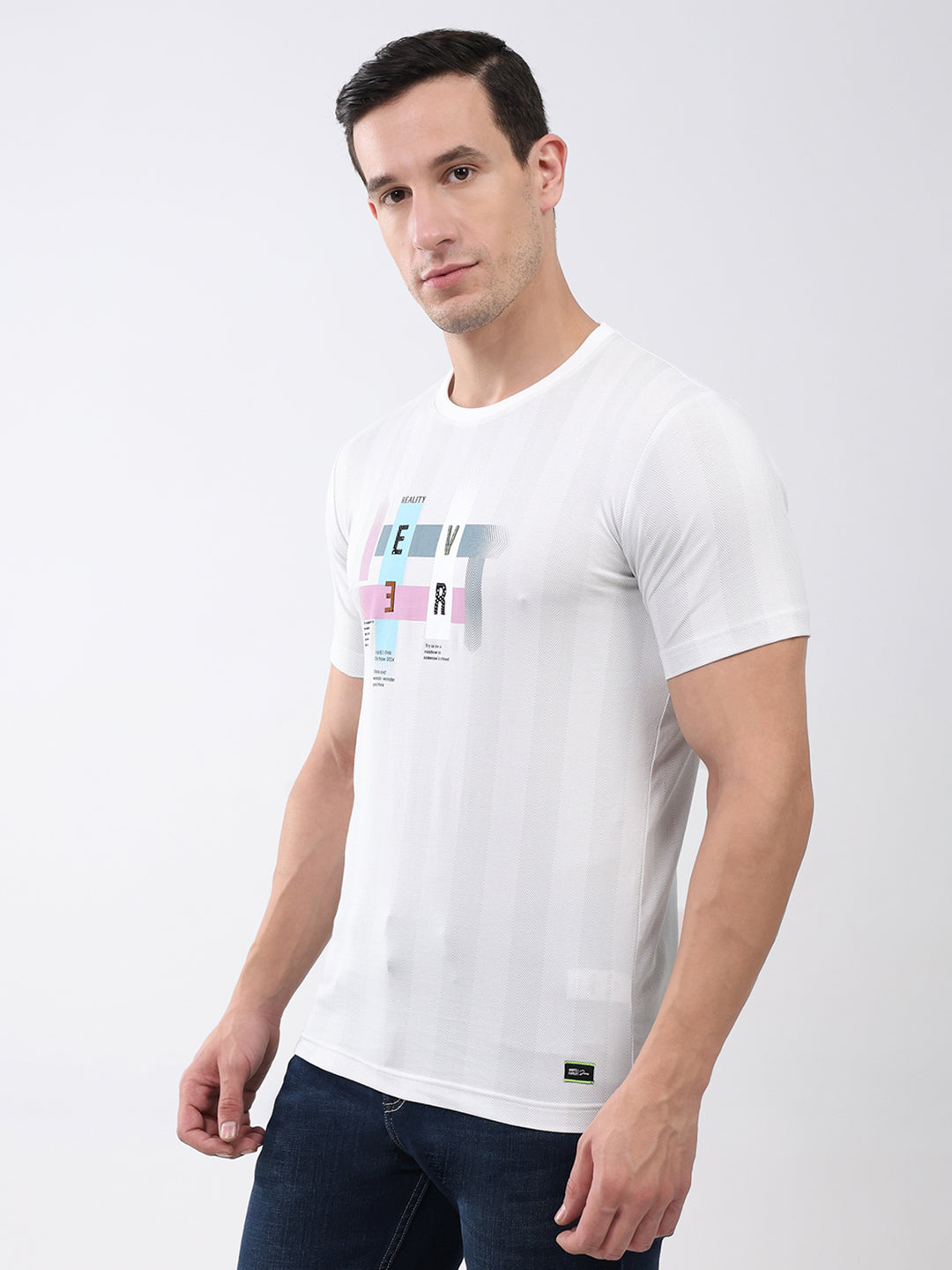 Men White Printed Round Neck Half Sleeve T-Shirt