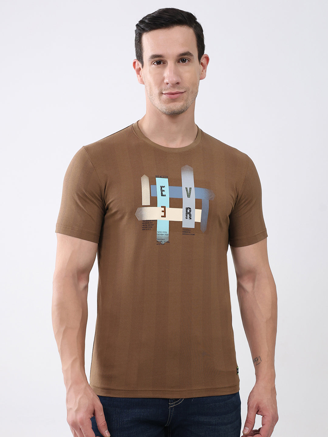 Men Brown Printed Round Neck Half Sleeve T-Shirt