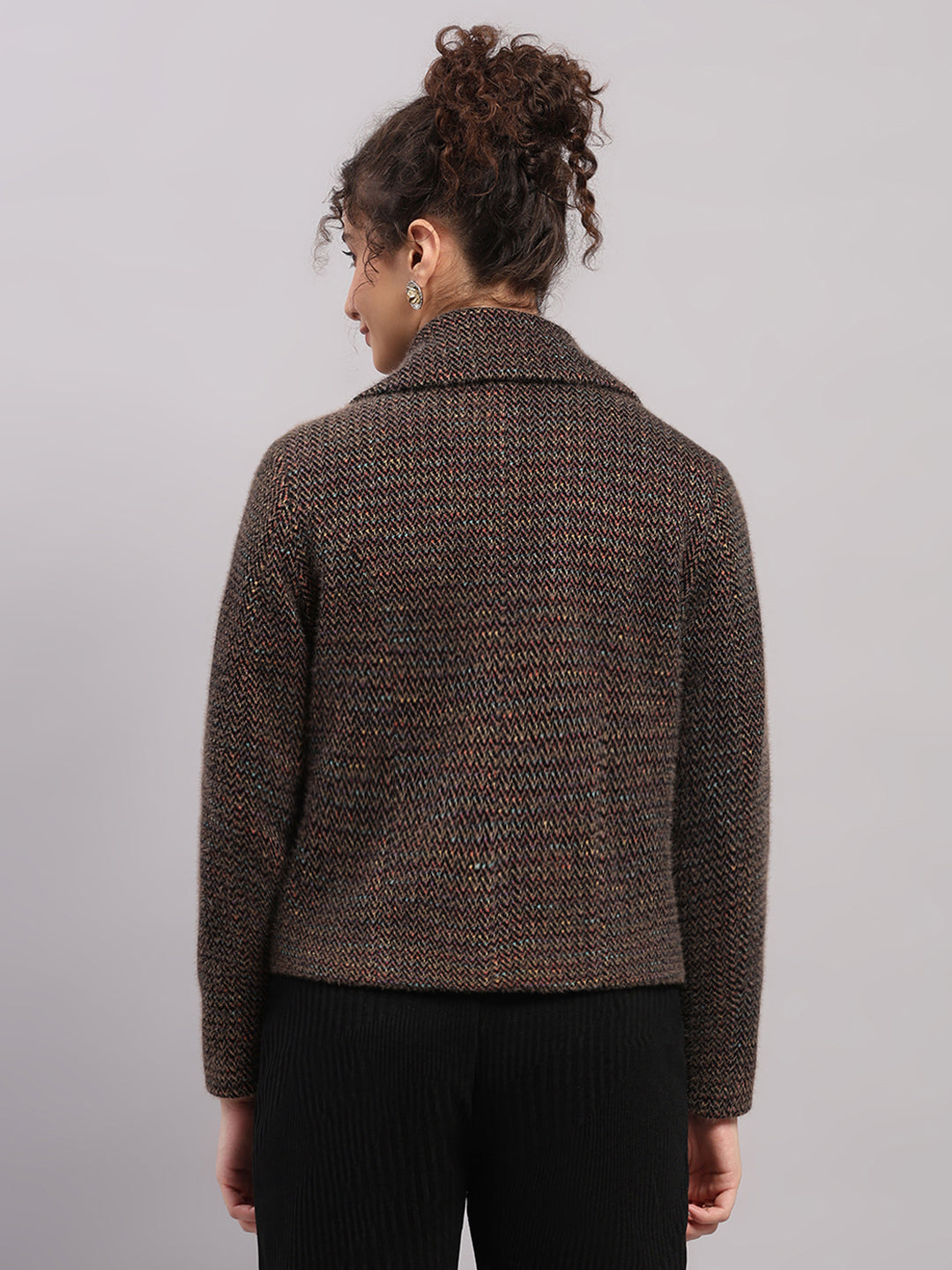Women Brown Printed Collar Full Sleeve Coat