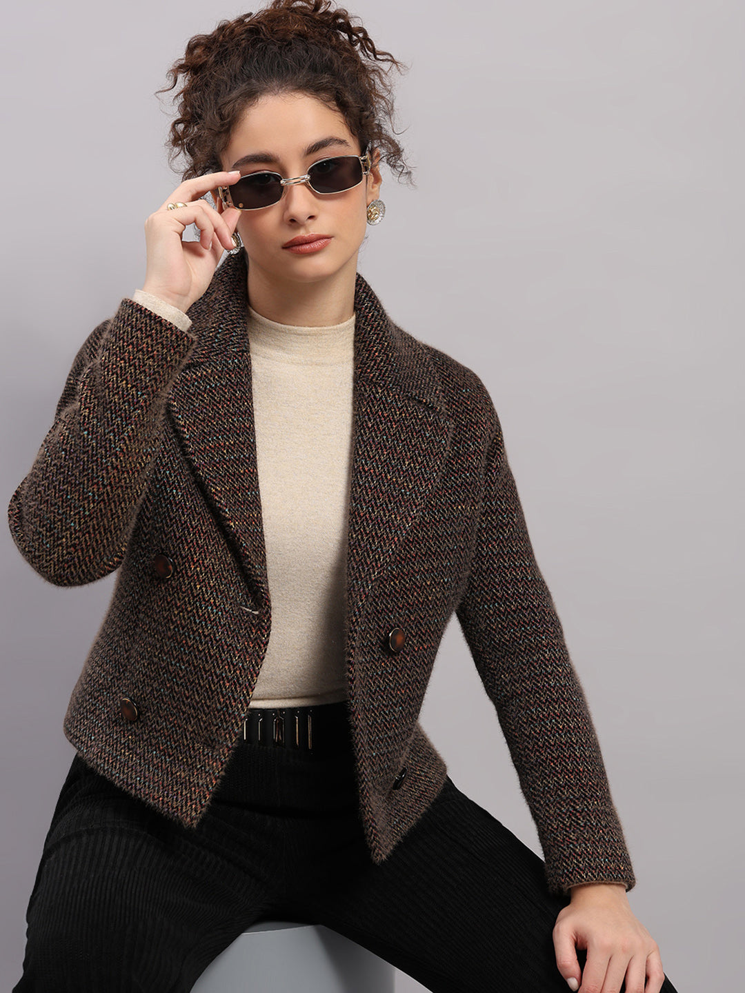 Women Brown Printed Collar Full Sleeve Coat