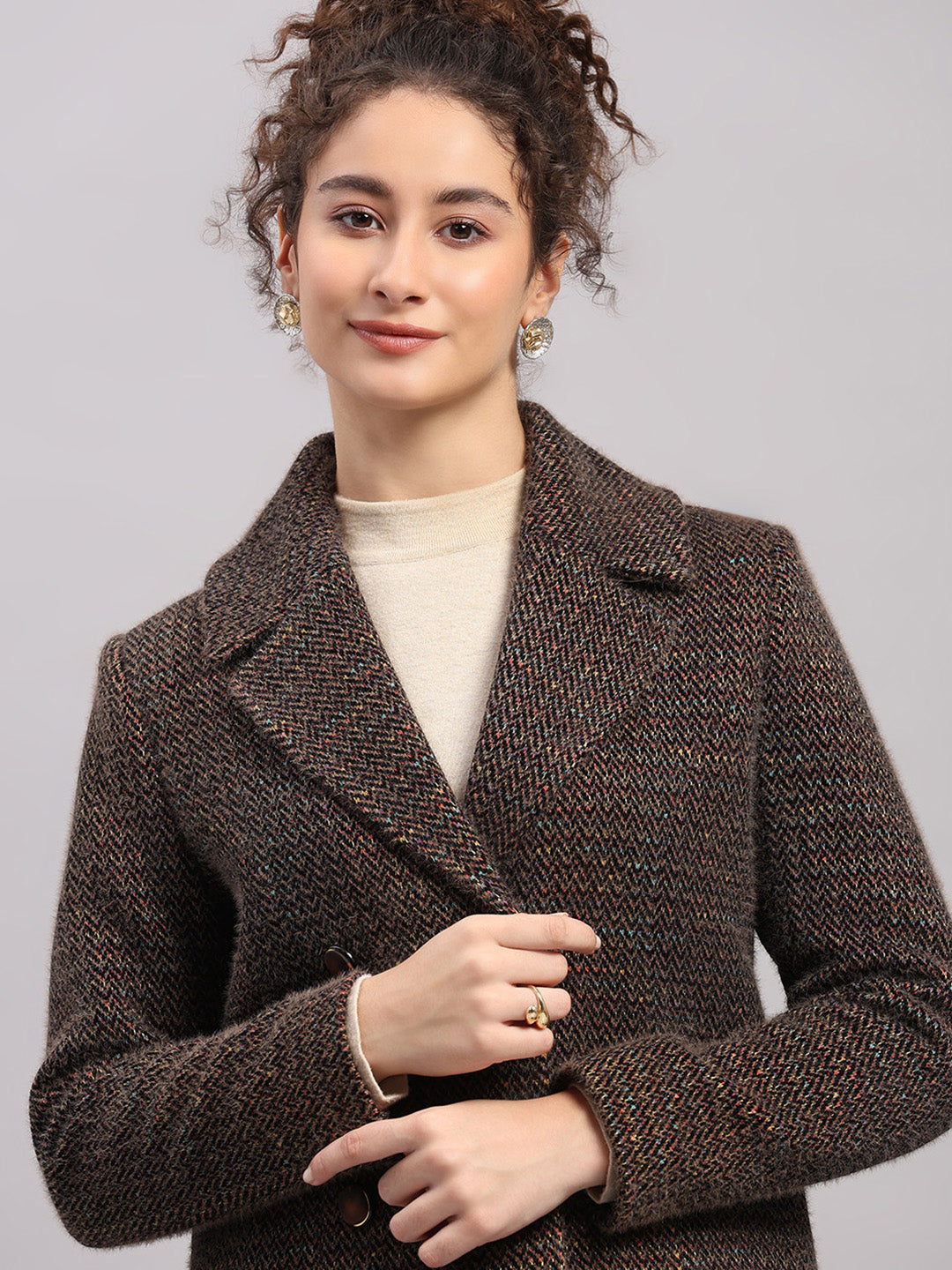 Women Brown Printed Collar Full Sleeve Coat