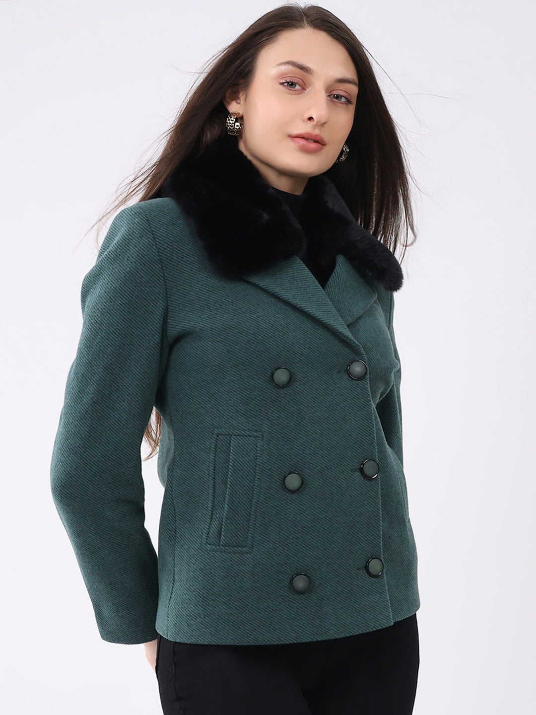 Women Green Solid Notch Lapel Collar Full Sleeve Coat
