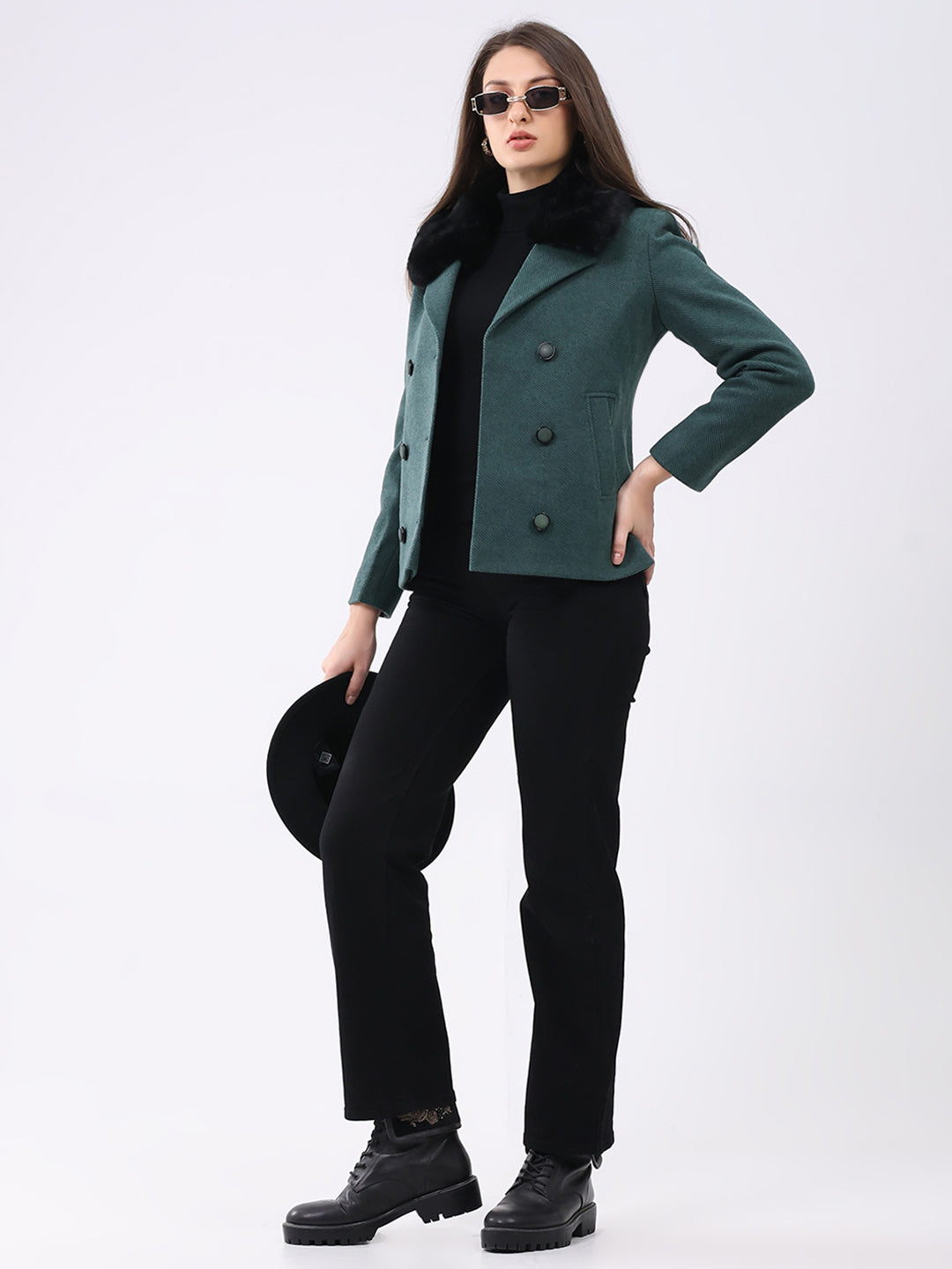 Women Green Solid Notch Lapel Collar Full Sleeve Coat