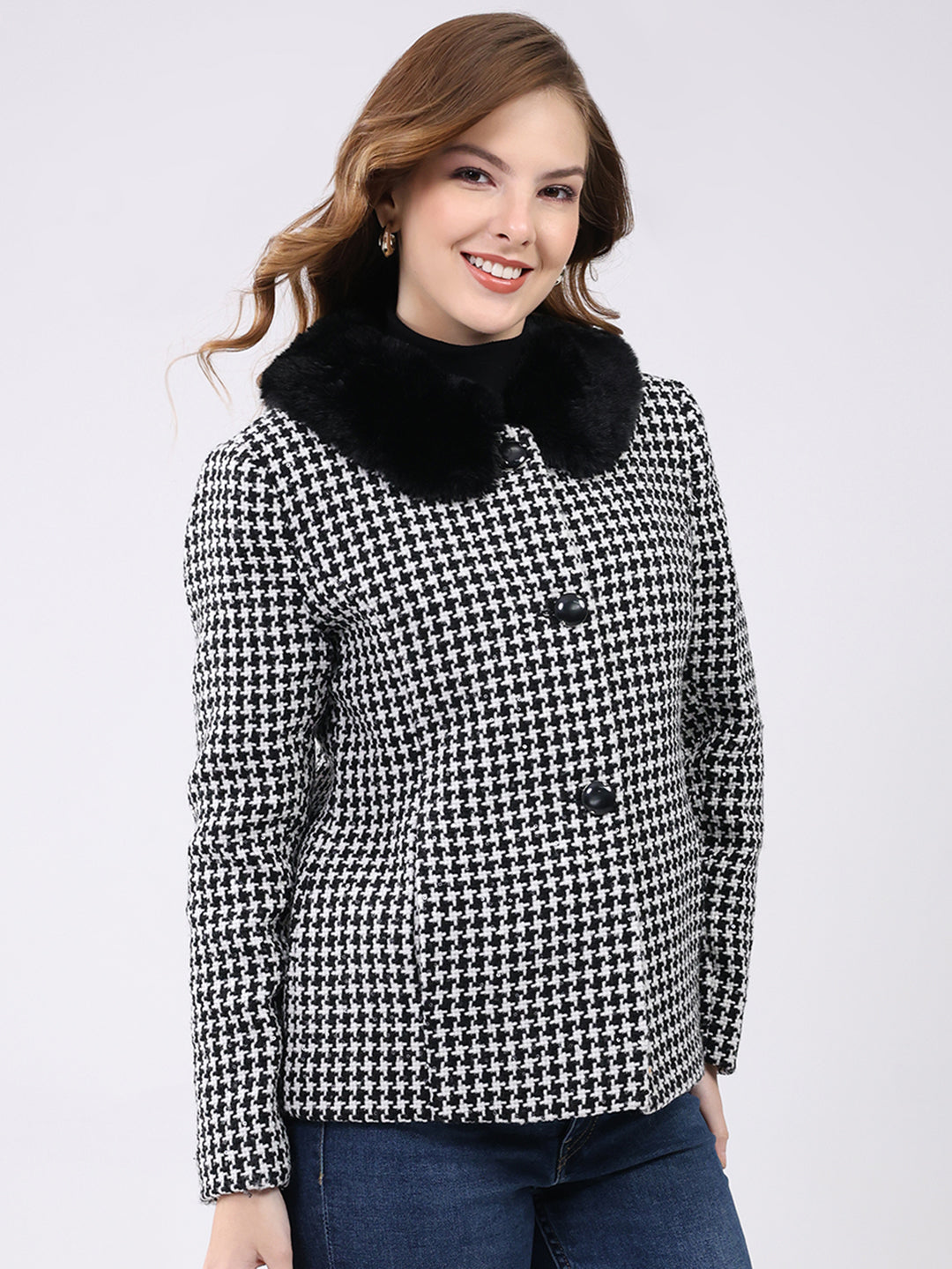 Women Black Self Design Collar Full Sleeve Coat