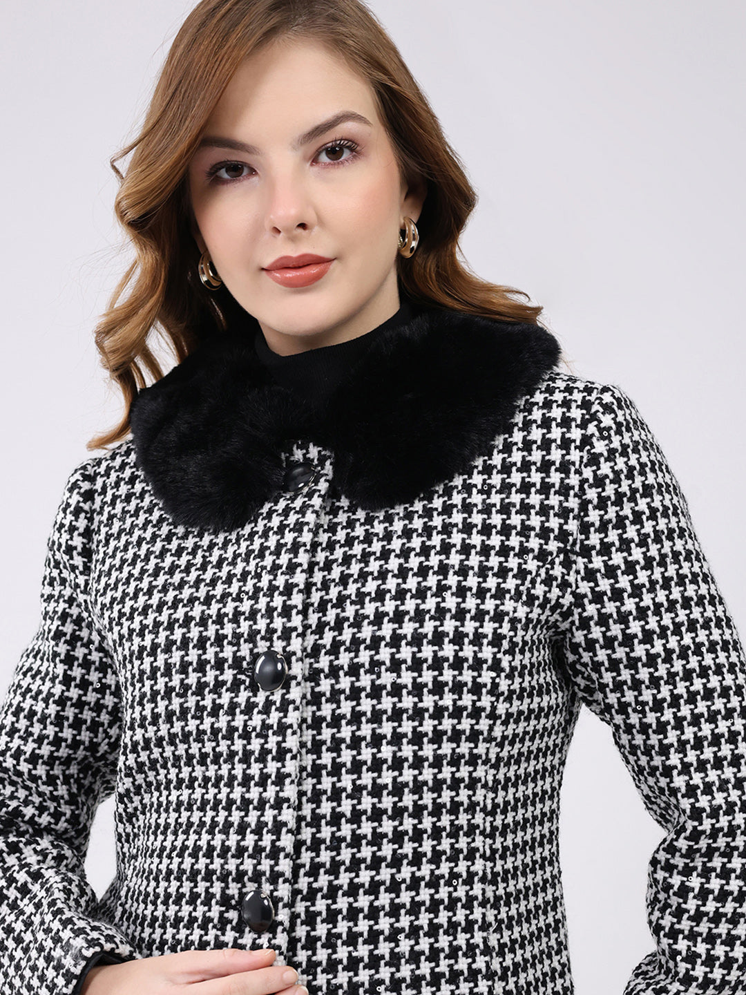 Women Black Self Design Collar Full Sleeve Coat