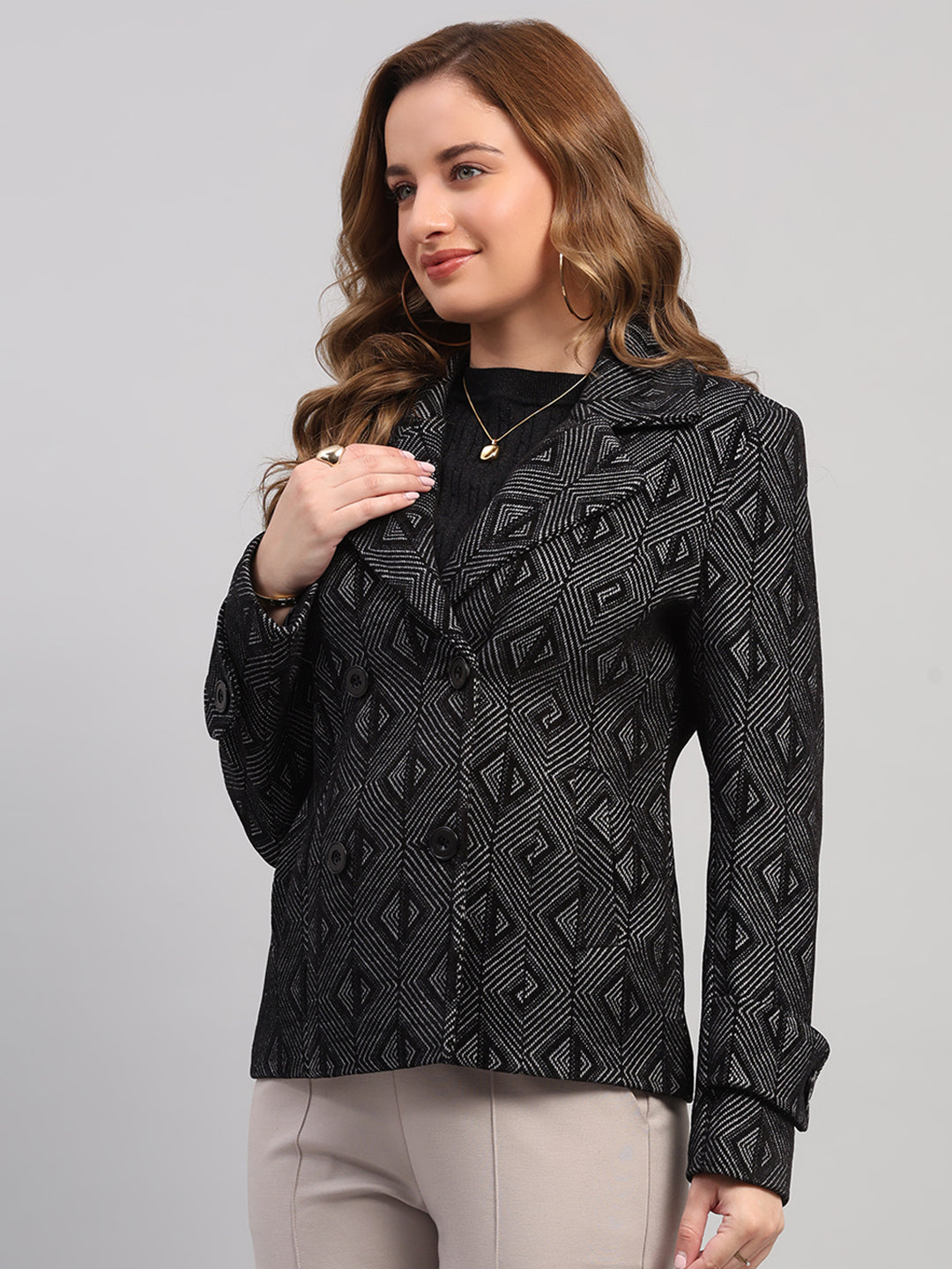 Women Black Self Design Collar Full Sleeve Coat