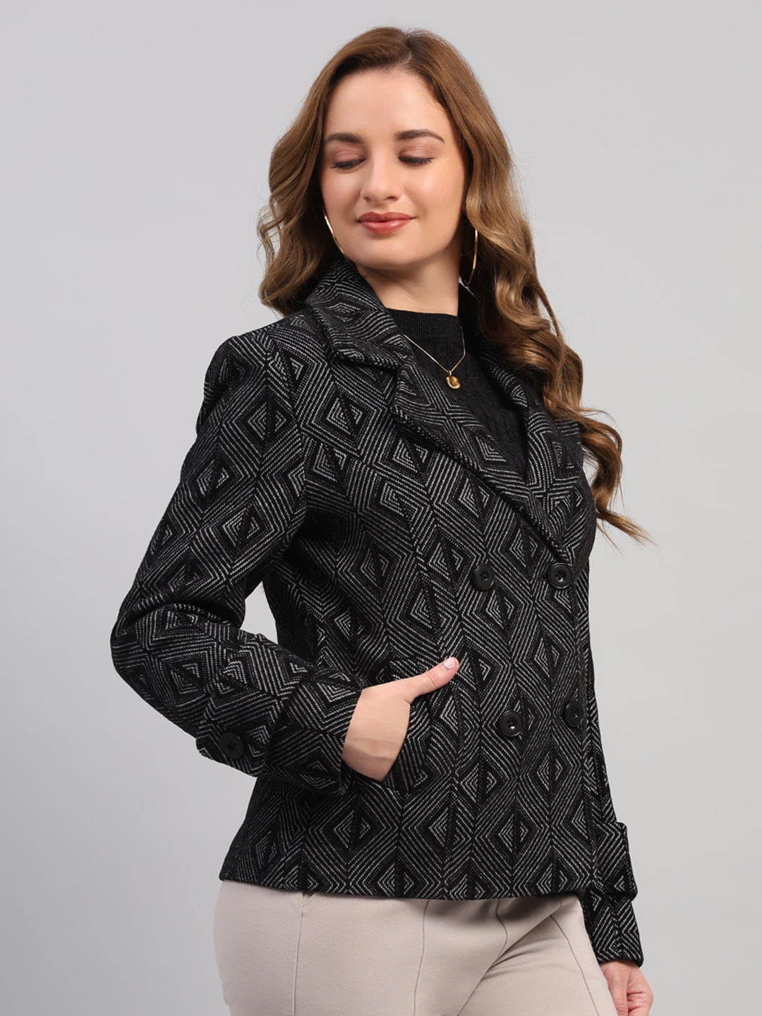 Women Black Self Design Collar Full Sleeve Coat