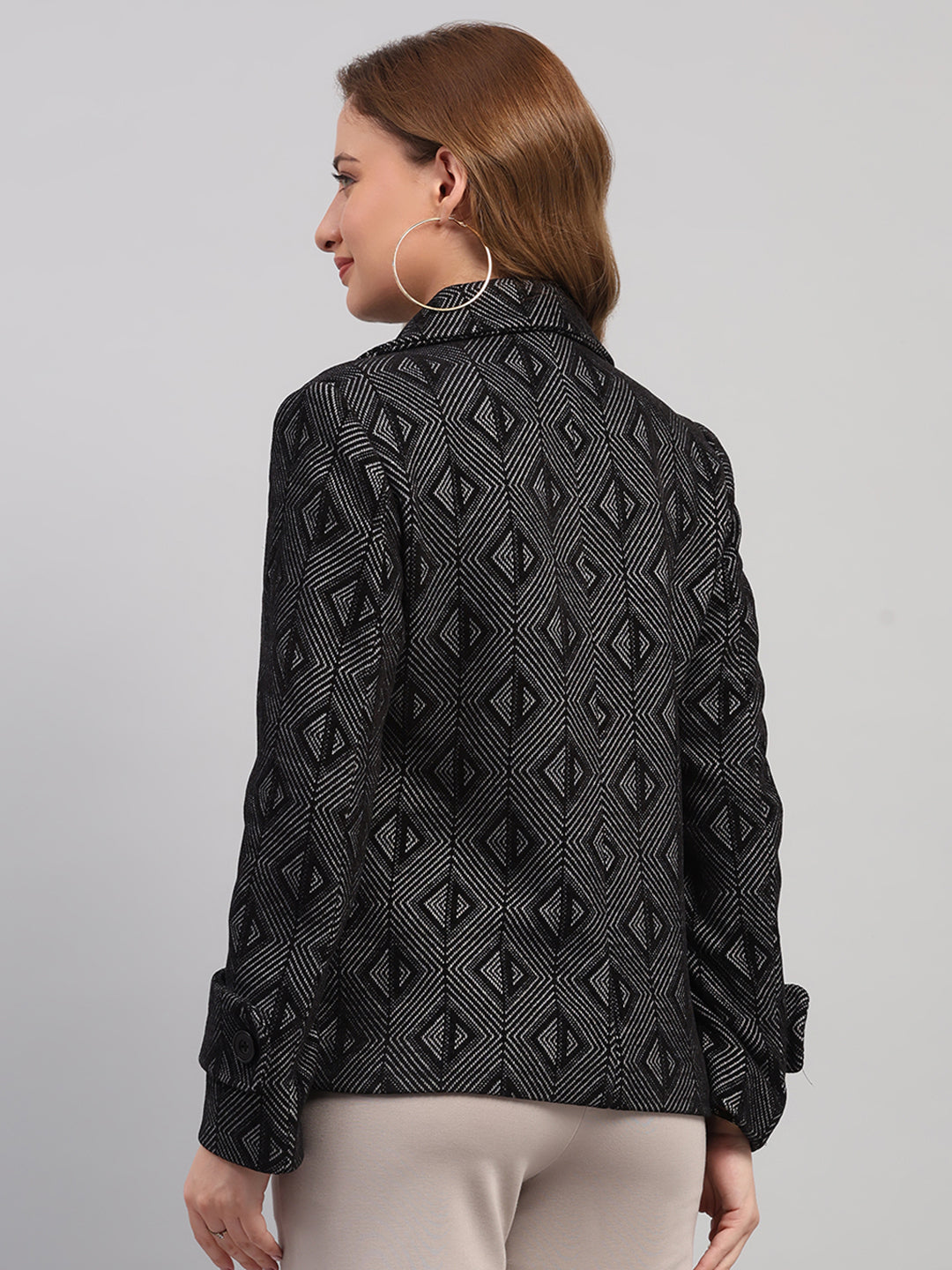Women Black Self Design Collar Full Sleeve Coat
