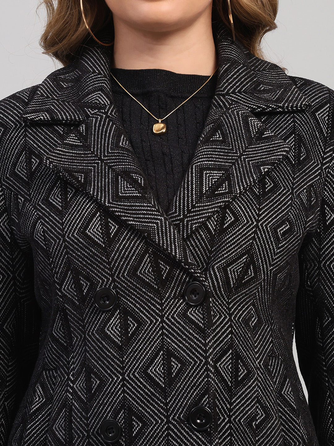 Women Black Self Design Collar Full Sleeve Coat