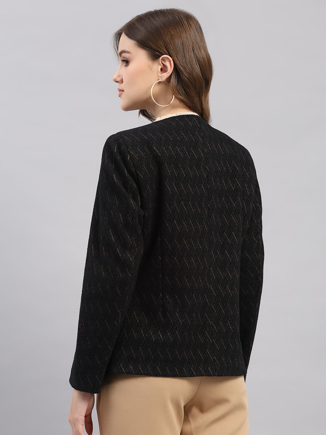 Women Black Self Design Collar Full Sleeve Coat