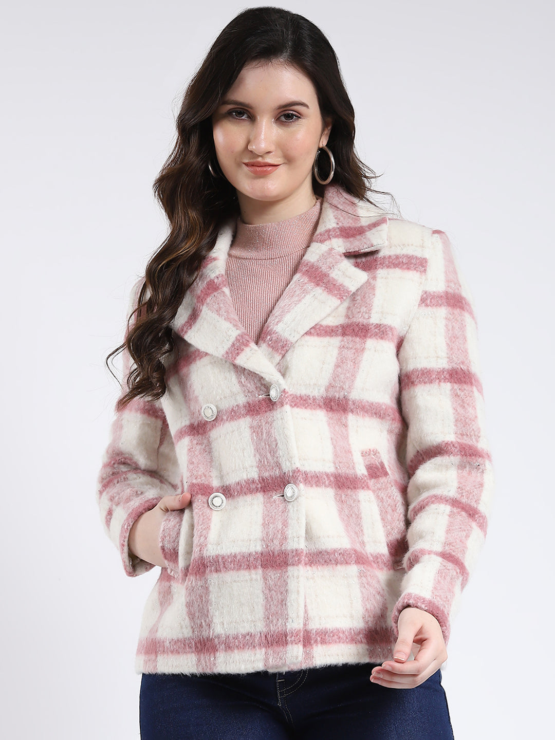 Women Pink Check Notch Lapel Collar Full Sleeve Coat