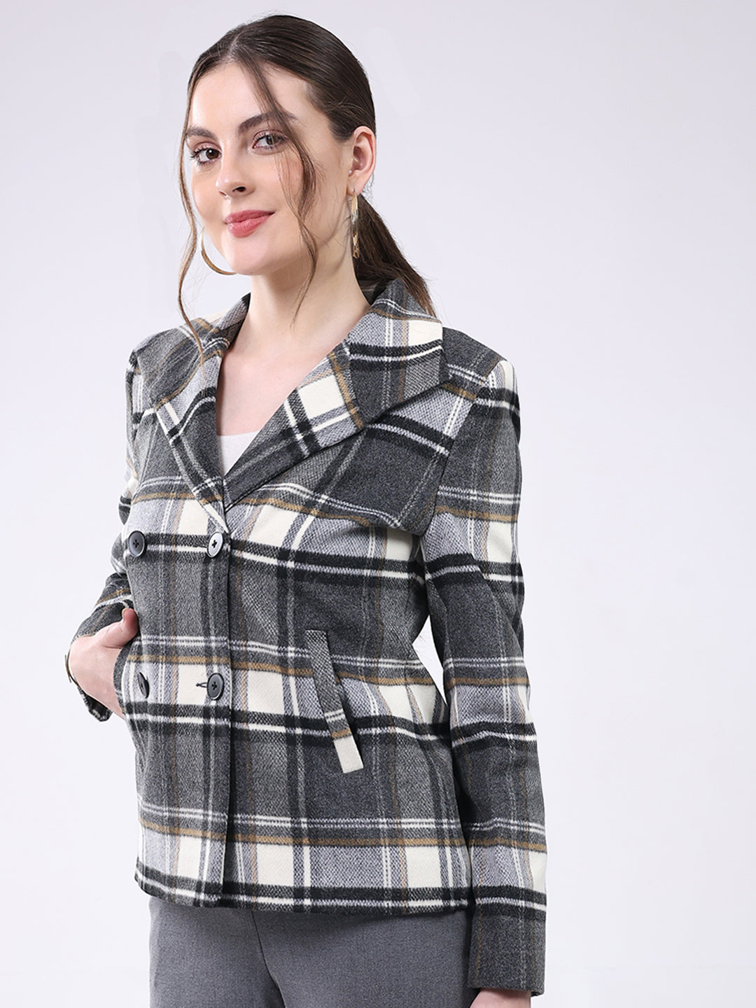 Women Grey Check Notch Lapel Collar Full Sleeve Coat