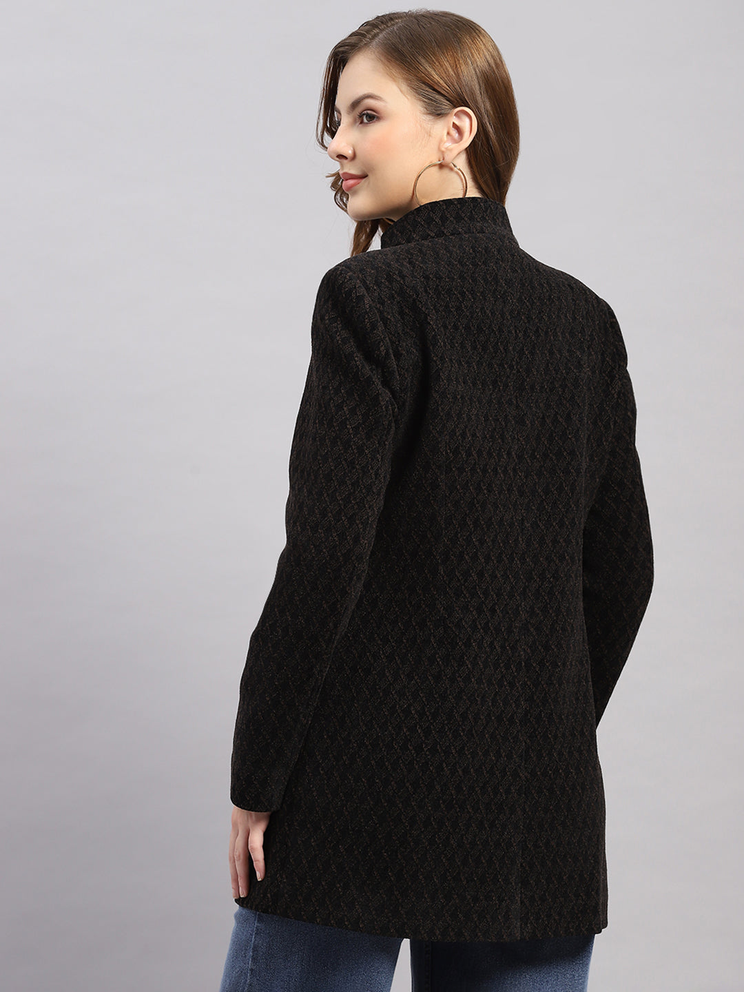 Women Black Self Design Collar Full Sleeve Coat
