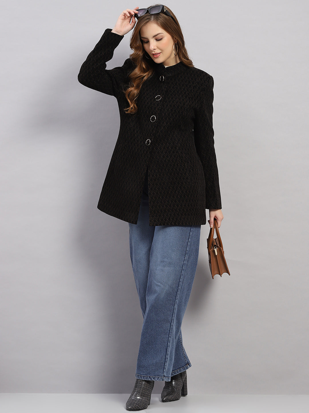 Women Black Self Design Collar Full Sleeve Coat