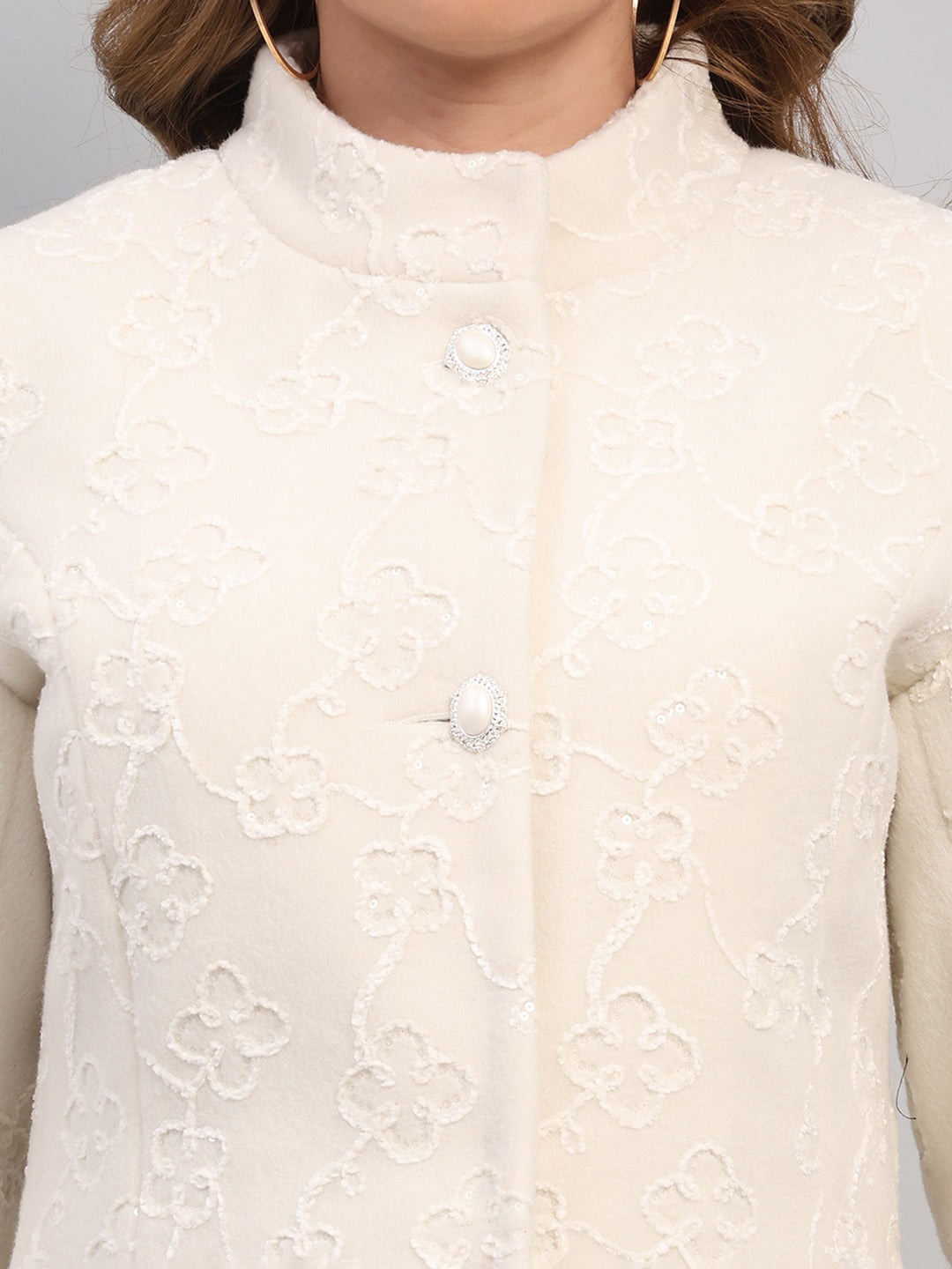 Women Off White Embroidered Collar Full Sleeve Coat